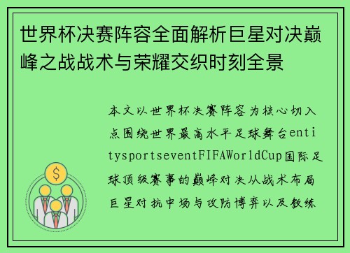 世界杯决赛阵容全面解析巨星对决巅峰之战战术与荣耀交织时刻全景